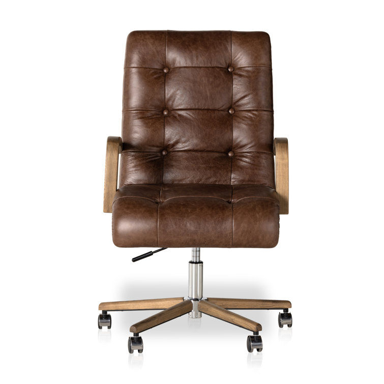 Cocoa Genuine Leather Swivel Task Chair with Wood Frame