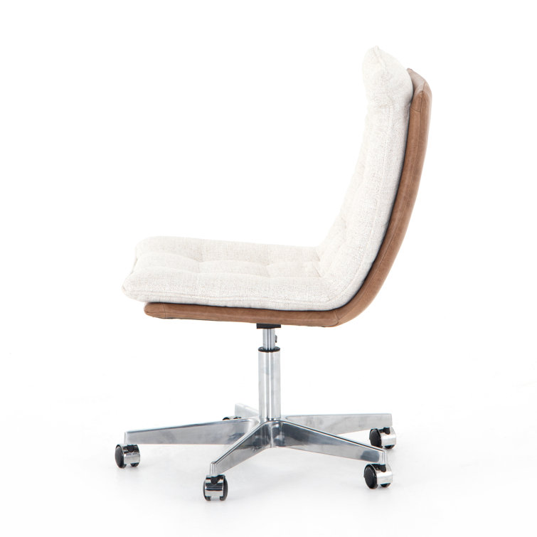 Contemporary Swivel Office Chair in Tan Leather and Cream Linen