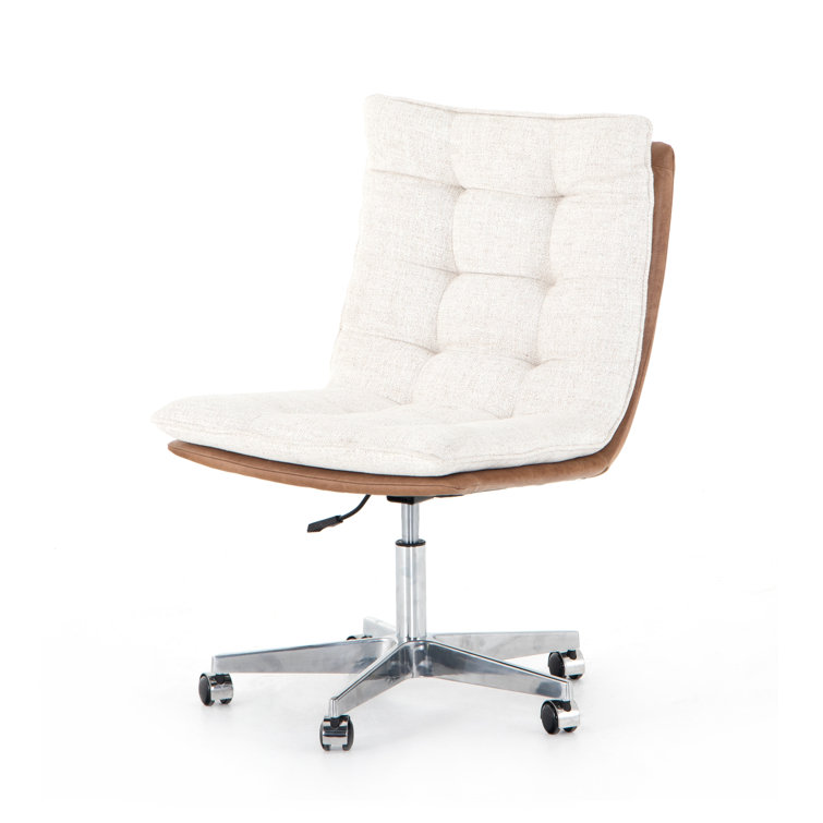 Contemporary Swivel Office Chair in Tan Leather and Cream Linen