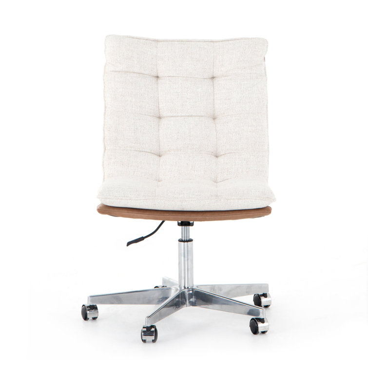 Contemporary Swivel Office Chair in Tan Leather and Cream Linen