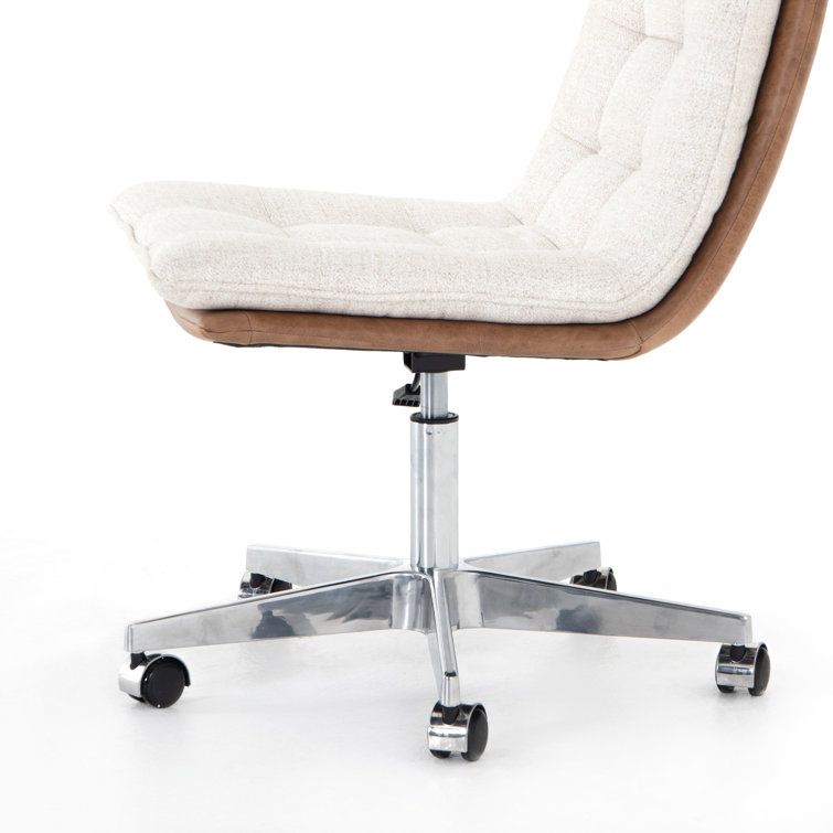 Contemporary Swivel Office Chair in Tan Leather and Cream Linen