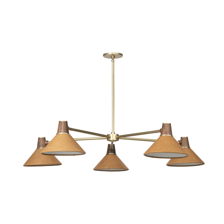 49" Brass and Walnut Mid-Century Modern Chandelier
