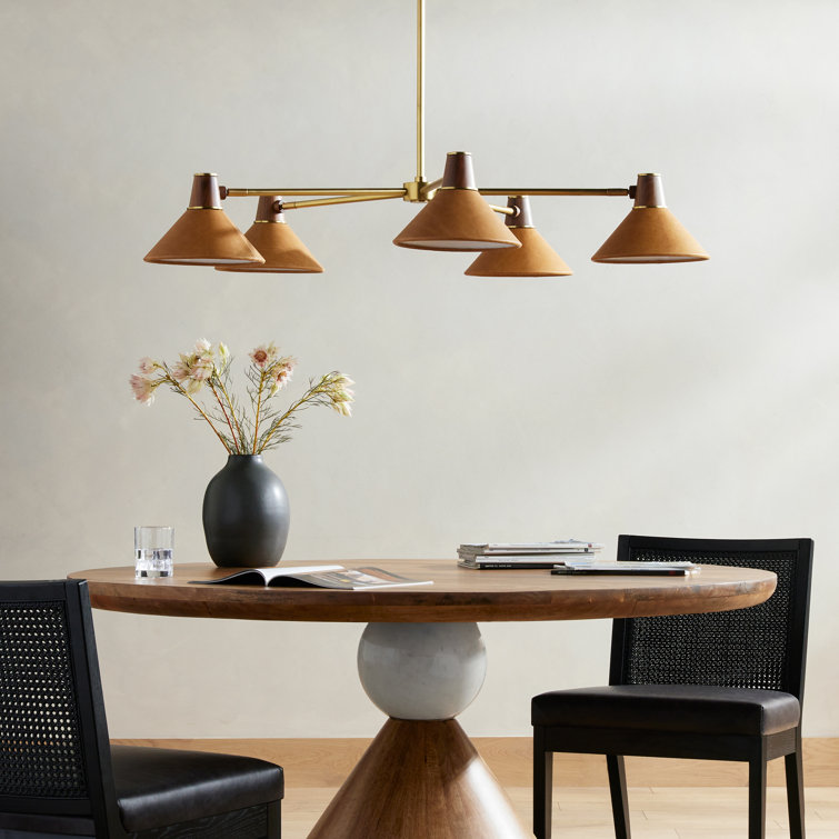 49" Brass and Walnut Mid-Century Modern Chandelier