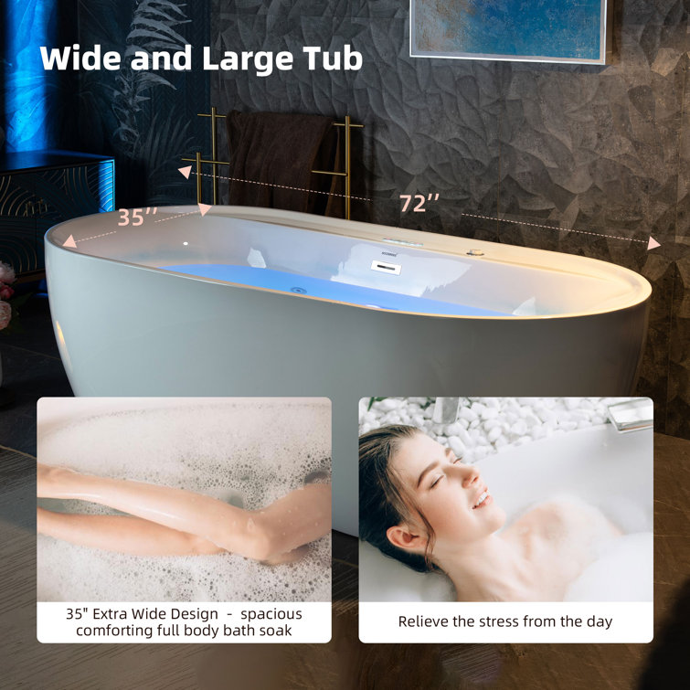 72" White Acrylic Freestanding Heated Whirlpool Tub