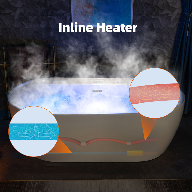 72" White Acrylic Freestanding Heated Whirlpool Tub