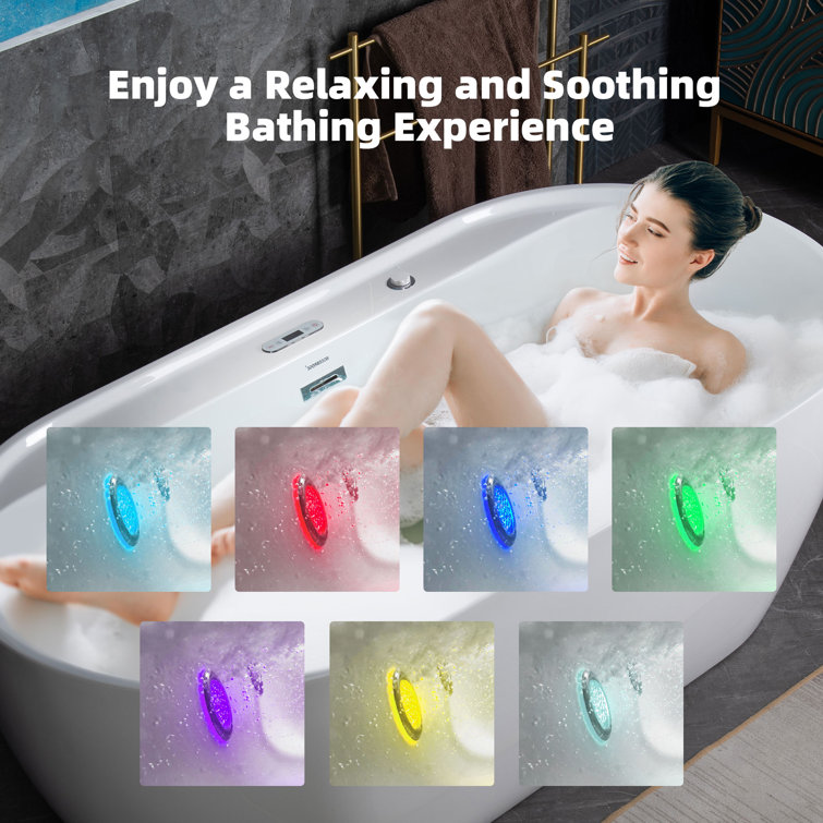 72" White Acrylic Freestanding Heated Whirlpool Tub