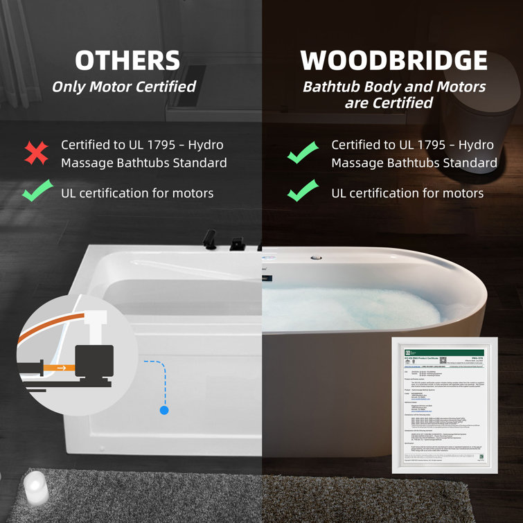 72" White Acrylic Freestanding Heated Whirlpool Tub