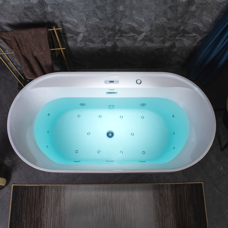 72" White Acrylic Freestanding Heated Whirlpool Tub