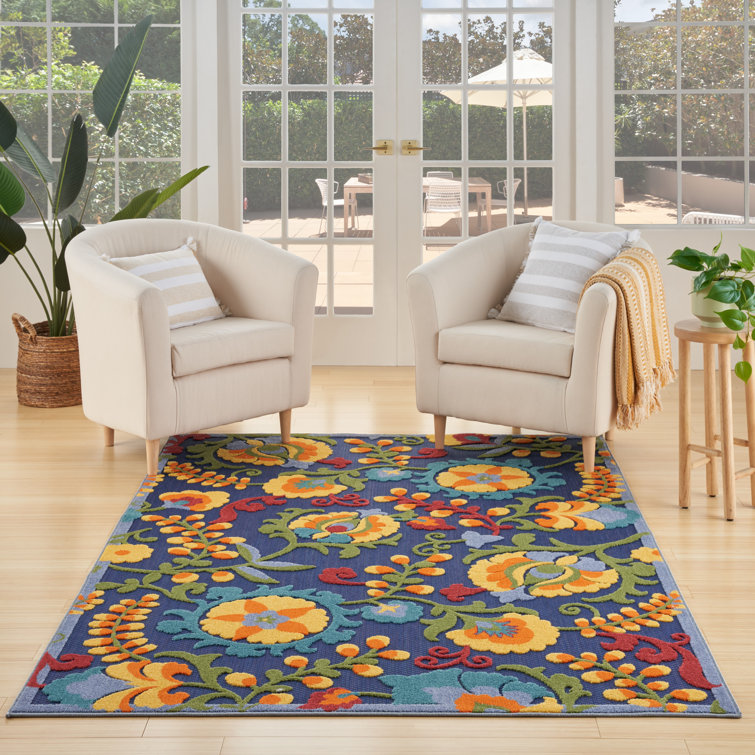 Navy Multicolor Floral Synthetic Rectangular 6' x 9' Rug