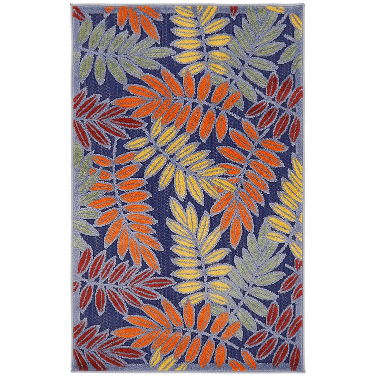 Navy Multicolor Floral Leaf Outdoor Rug 2'8" x 4'