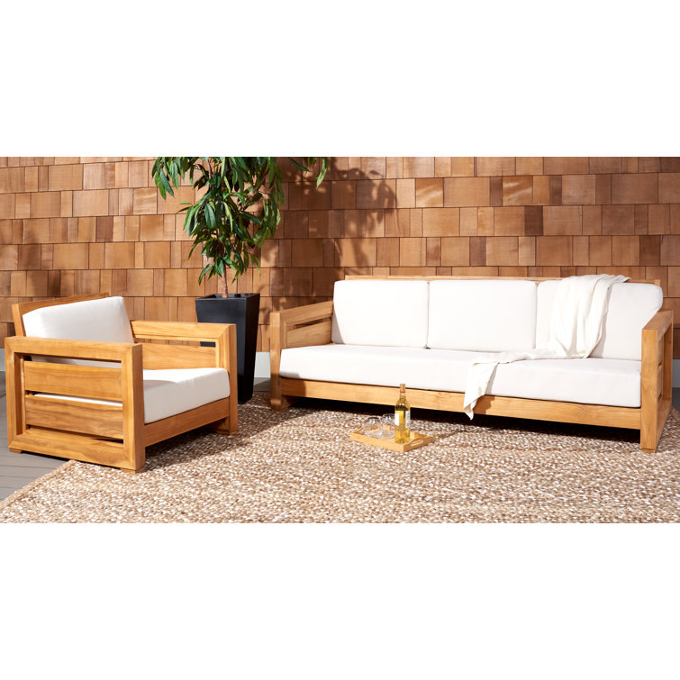 Natural Teak Wood Outdoor 3-Seat Sofa with Cream Cushions