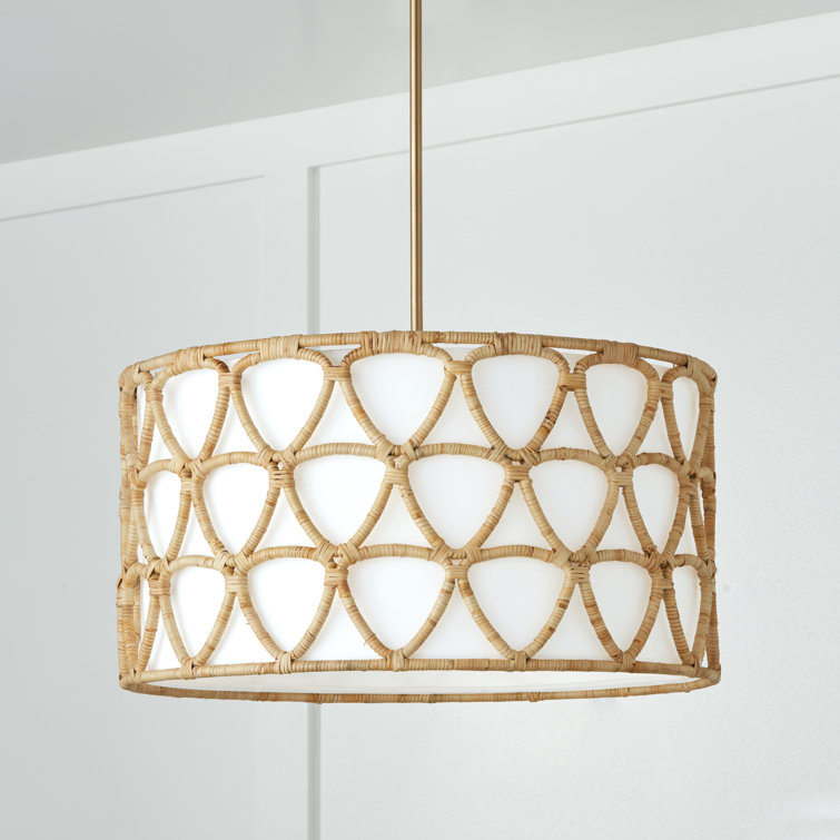 Matte Brass and Rattan 4-Light Drum Pendant