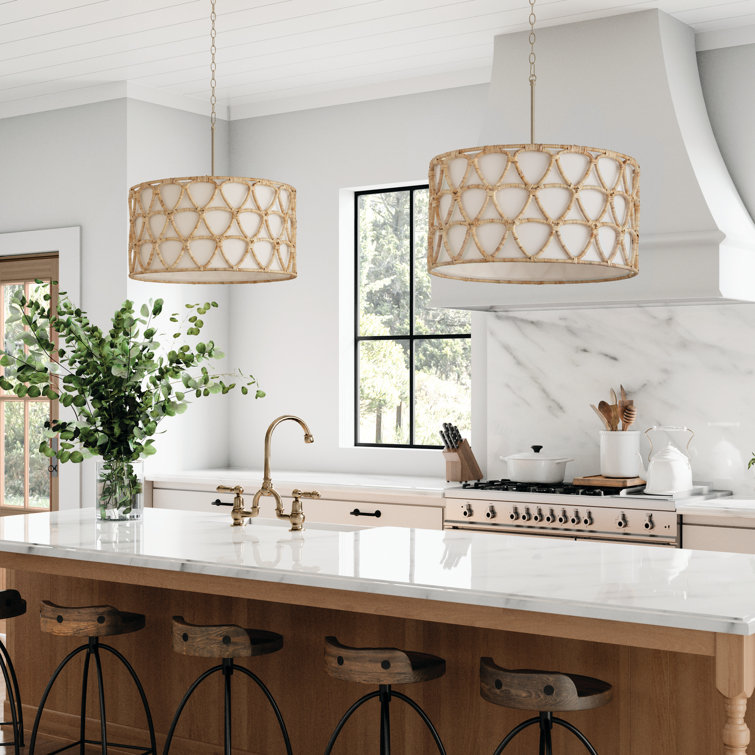 Matte Brass and Rattan 4-Light Drum Pendant