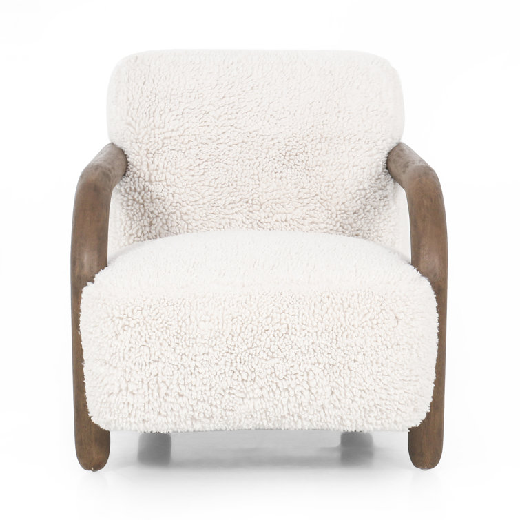 Natural Wood Accent Chair with White Faux Mongolian Shearling