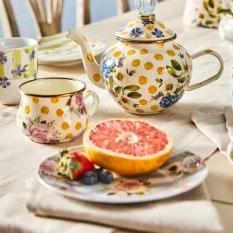 Yellow Floral Enamel High Tea Set with Bronzed Rim