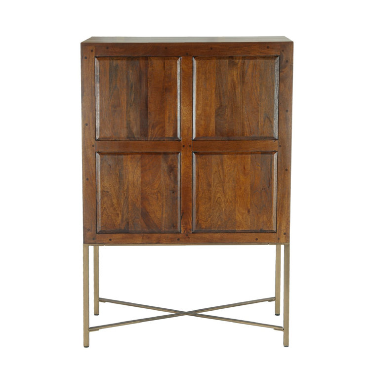 Honey Brown Mango Wood Bar Cabinet with Gold Iron Legs