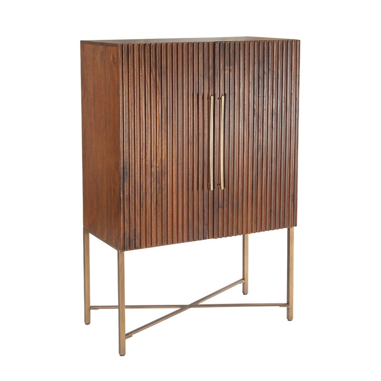 Honey Brown Mango Wood Bar Cabinet with Gold Iron Legs
