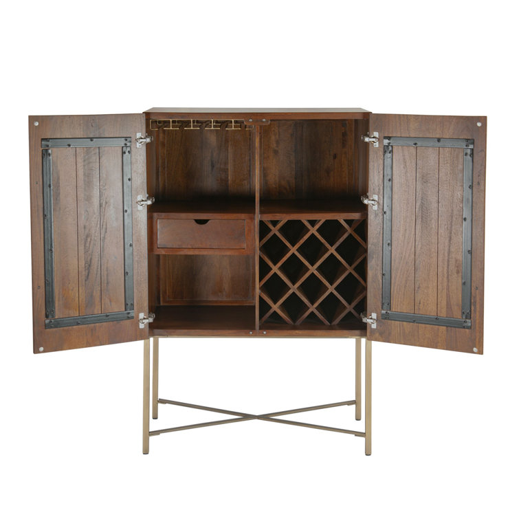 Honey Brown Mango Wood Bar Cabinet with Gold Iron Legs