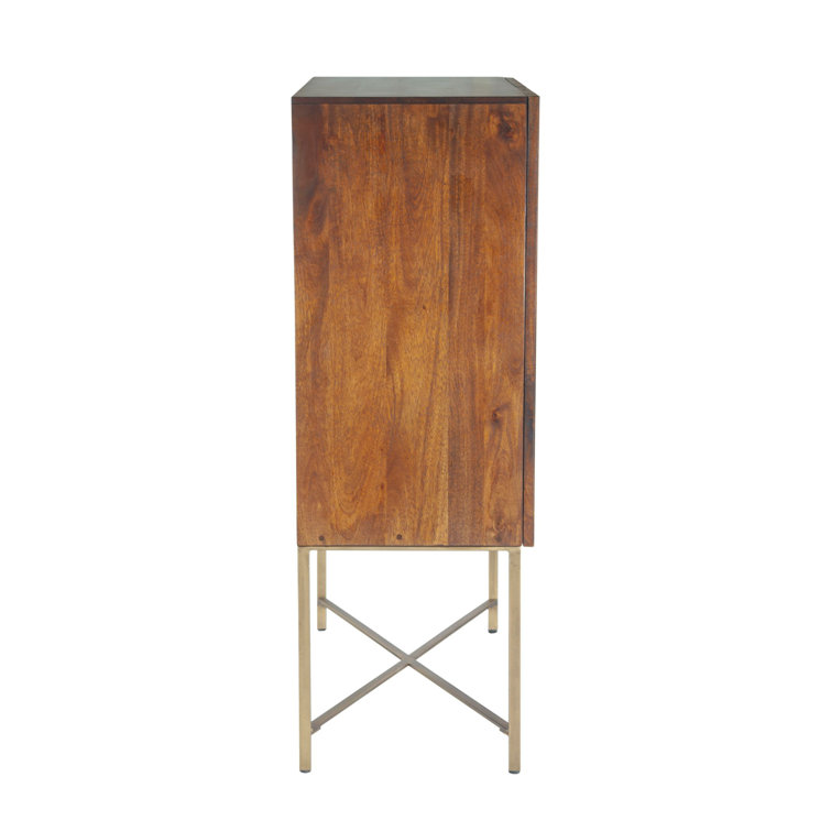 Honey Brown Mango Wood Bar Cabinet with Gold Iron Legs