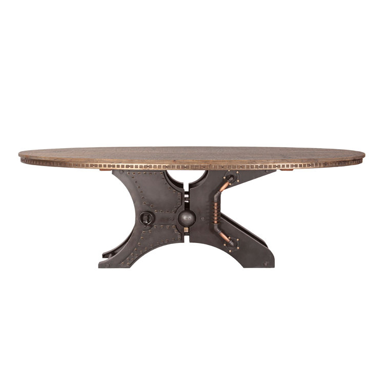 Rustic Industrial Oval Teak Wood Dining Table with Cross Base
