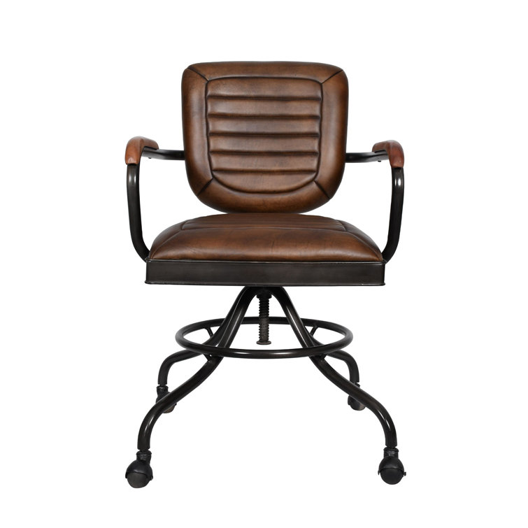 Antique Whiskey Genuine Leather Swivel Task Chair with Iron Frame