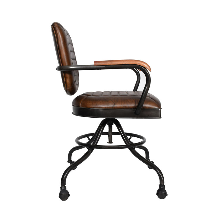 Antique Whiskey Genuine Leather Swivel Task Chair with Iron Frame