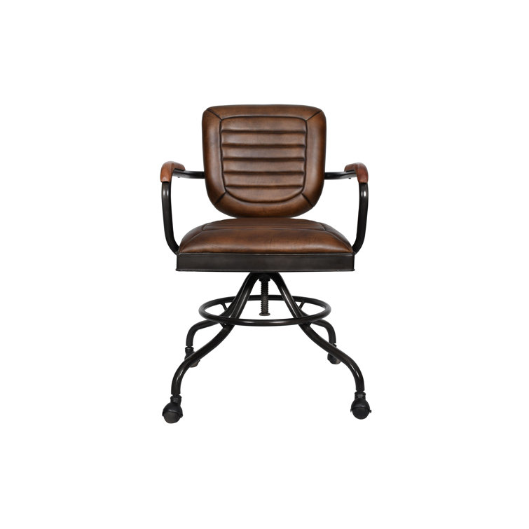 Antique Whiskey Genuine Leather Swivel Task Chair with Iron Frame