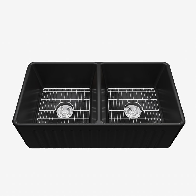 Matte Black Double Basin Fireclay Farmhouse Sink with Drainboard