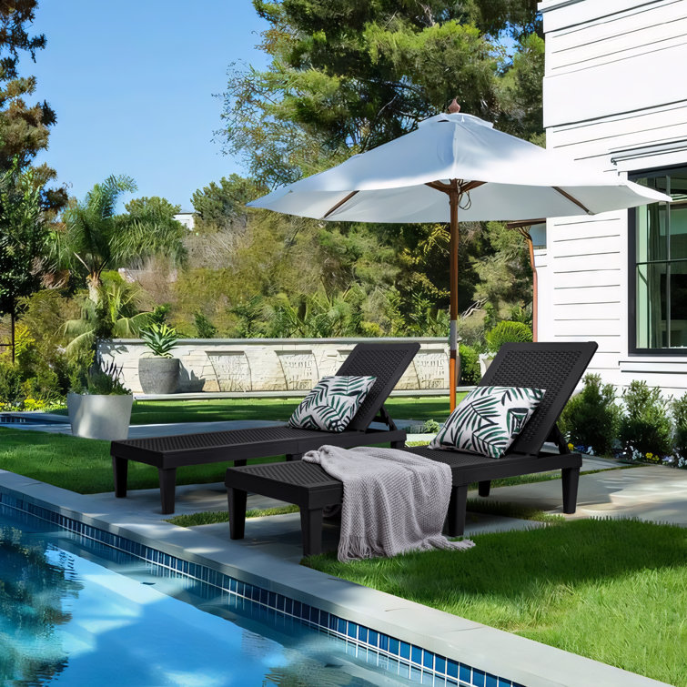 Black Polypropylene Resin Adjustable Outdoor Chaise Lounger Set