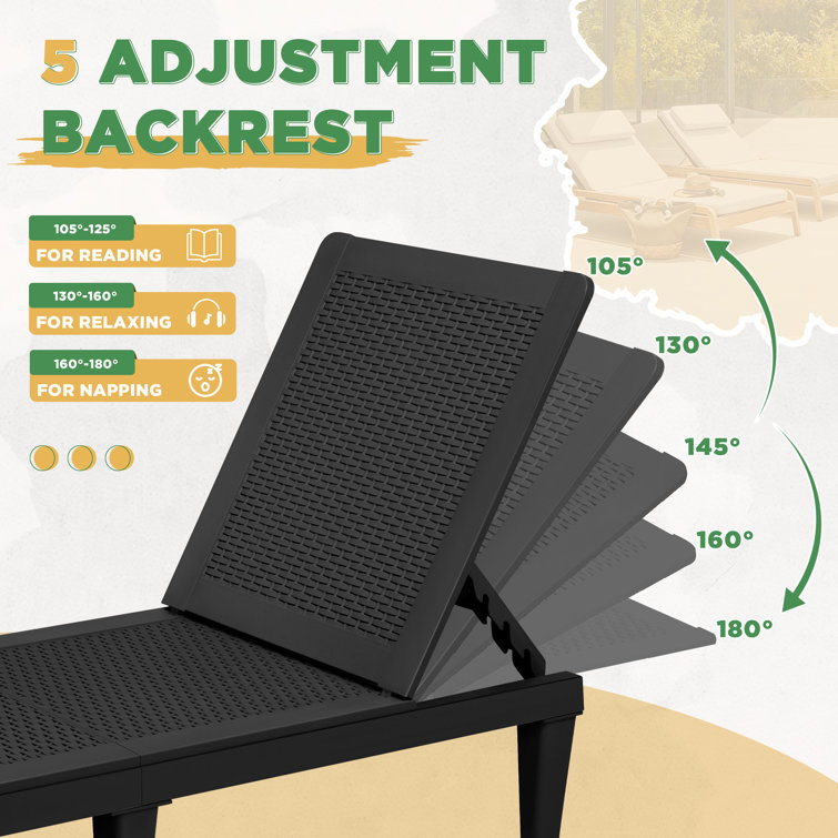 Black Polypropylene Resin Adjustable Outdoor Chaise Lounger Set