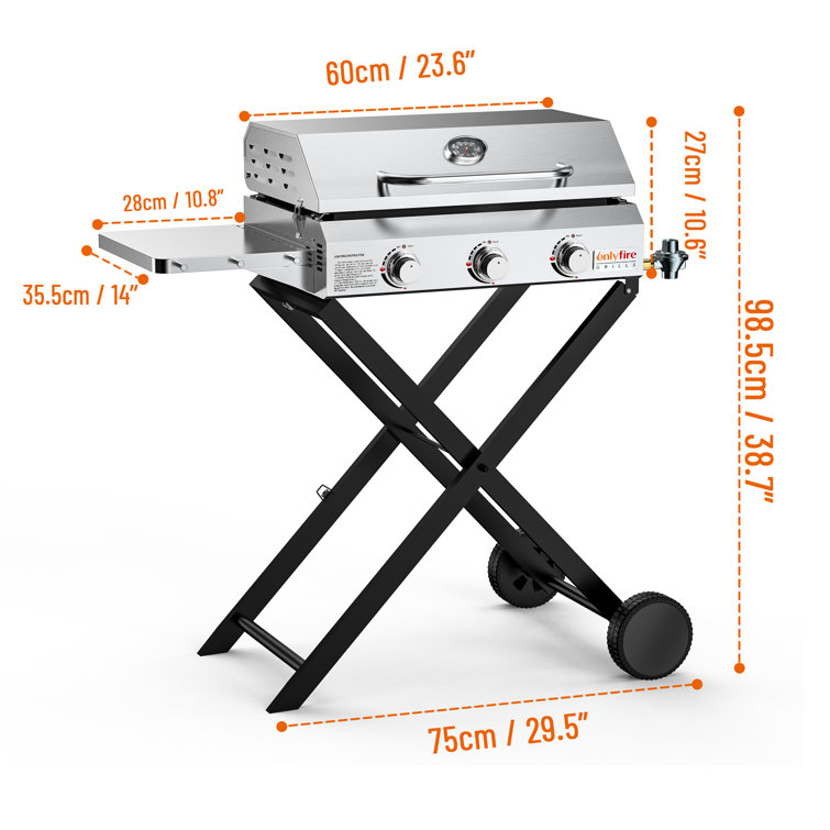 Stainless Steel 3-Burner Portable Propane Gas Grill with Cart