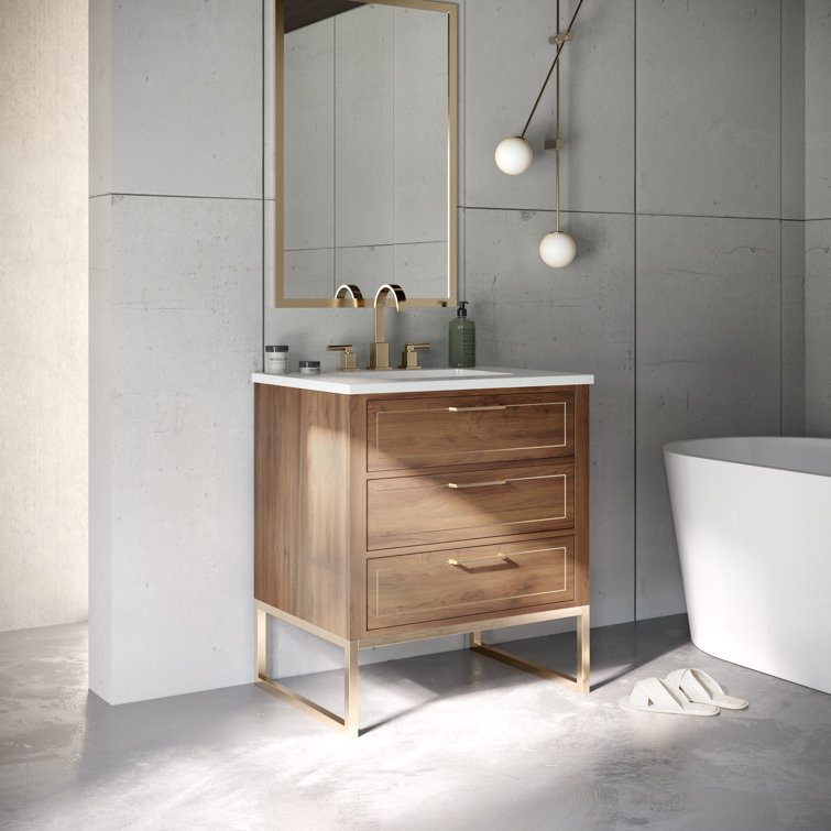 Walnut and Satin Brass Single Bathroom Vanity with White Quartz Top