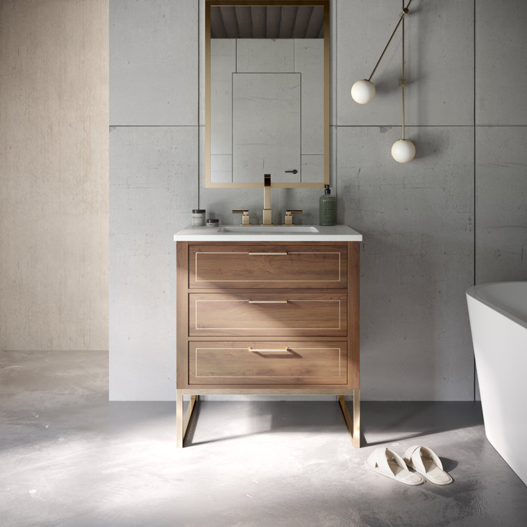 Walnut and Satin Brass Single Bathroom Vanity with White Quartz Top