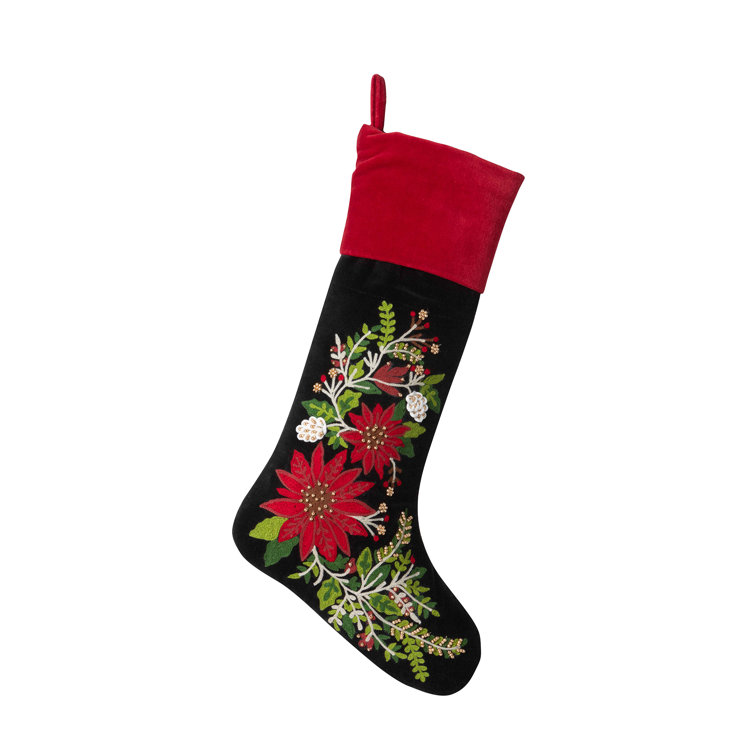 Black and Red Floral Embroidered Christmas Stocking
