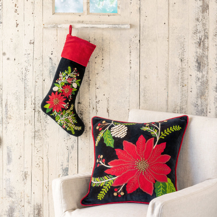 Black and Red Floral Embroidered Christmas Stocking