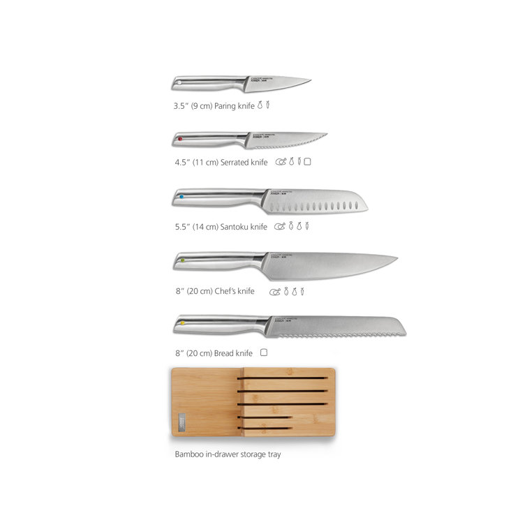 Joseph Joseph Joseph Joseph Elevate Steel 5-Piece Knife Set with In-Drawer Bamboo Storage Tray