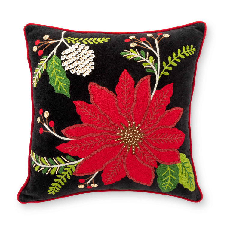Black Velvet Square Embroidered Poinsettia Pillow