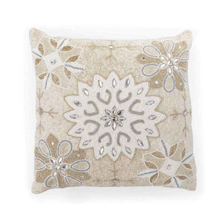 20'' Beige Embroidered Square Accent Pillow