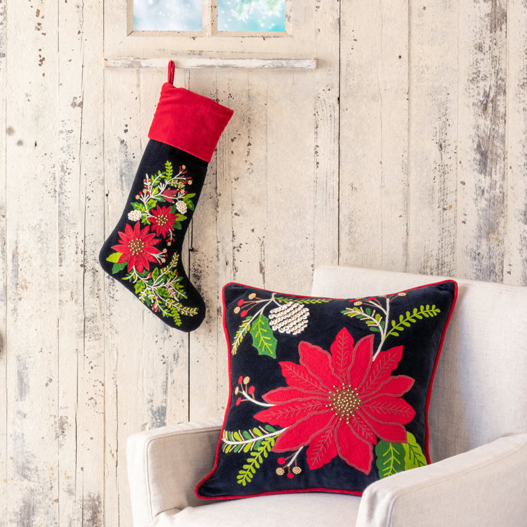 Black Velvet Square Embroidered Poinsettia Pillow