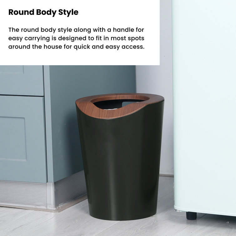 2.3 Gallon Black and Wood Round Trash Can Set