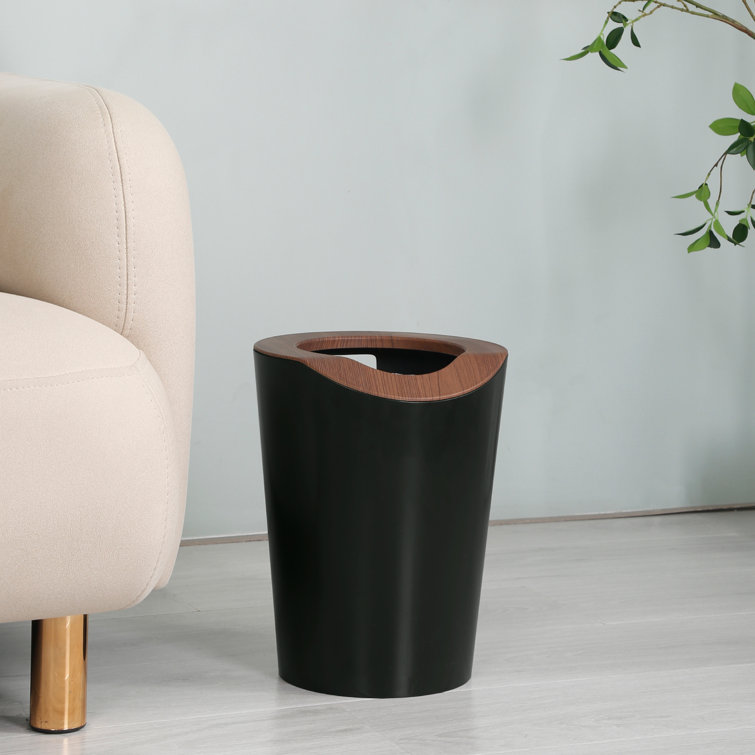 2.3 Gallon Black and Wood Round Trash Can Set