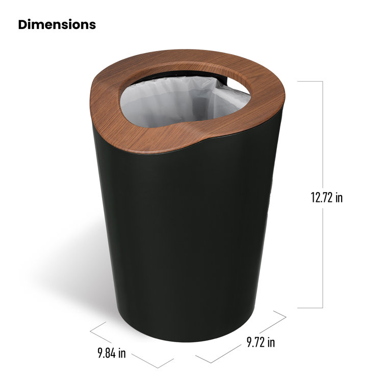 2.3 Gallon Black and Wood Round Trash Can Set