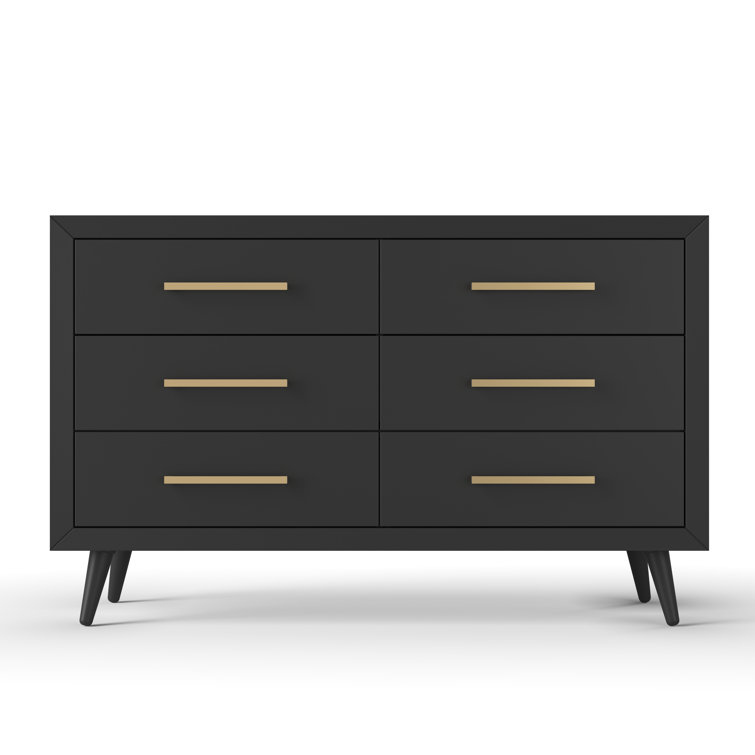 Ebony Mid-Century Modern Double Dresser with Turned Legs