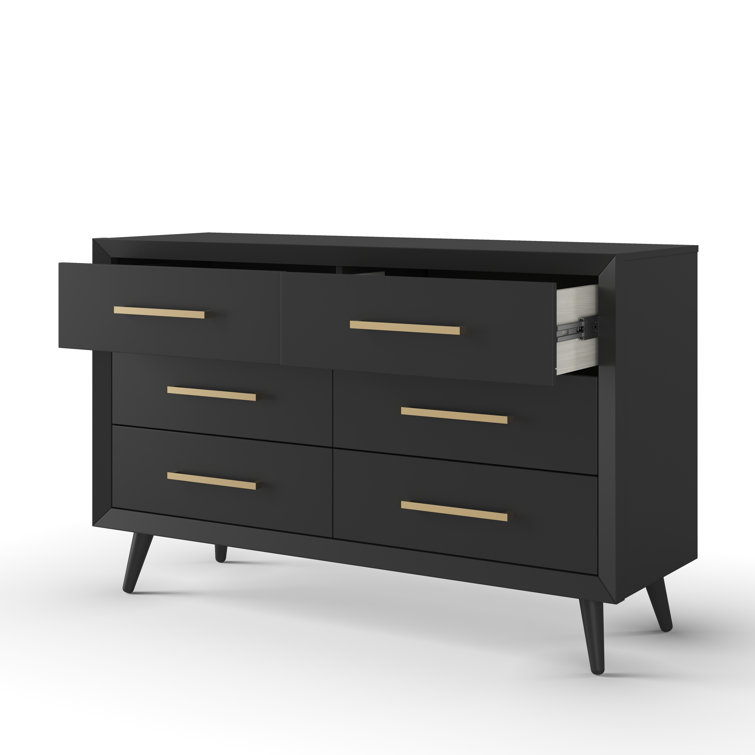 Ebony Mid-Century Modern Double Dresser with Turned Legs