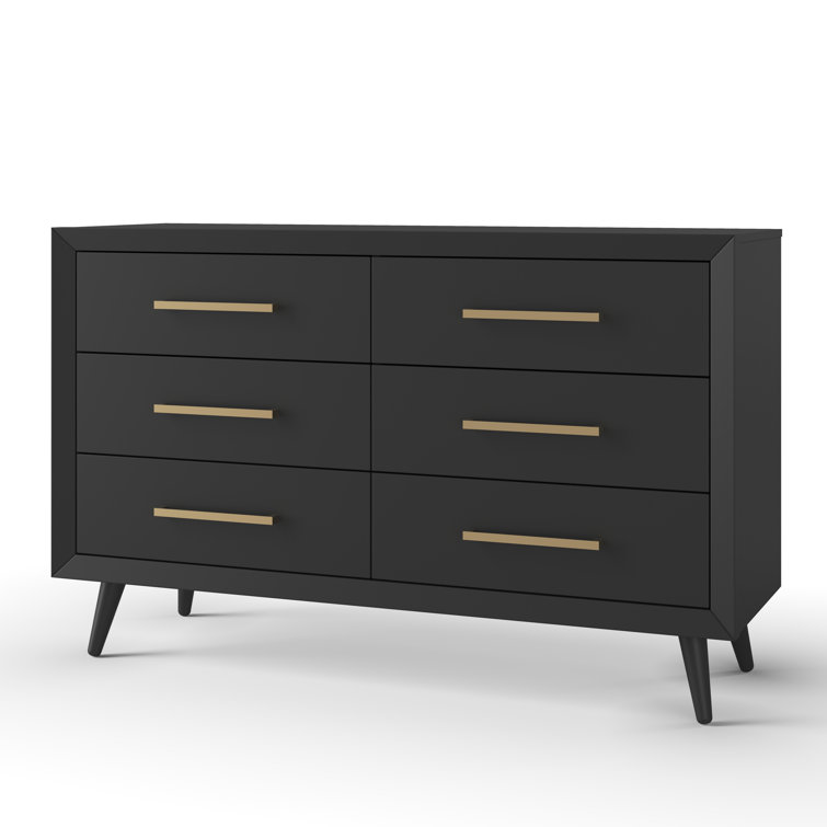 Ebony Mid-Century Modern Double Dresser with Turned Legs