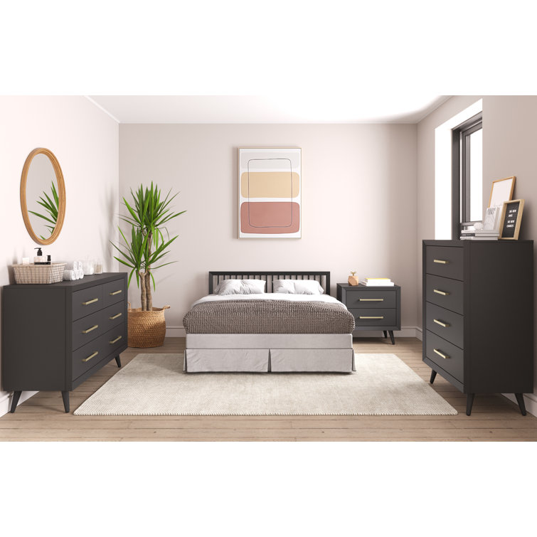 Ebony Mid-Century Modern Double Dresser with Turned Legs