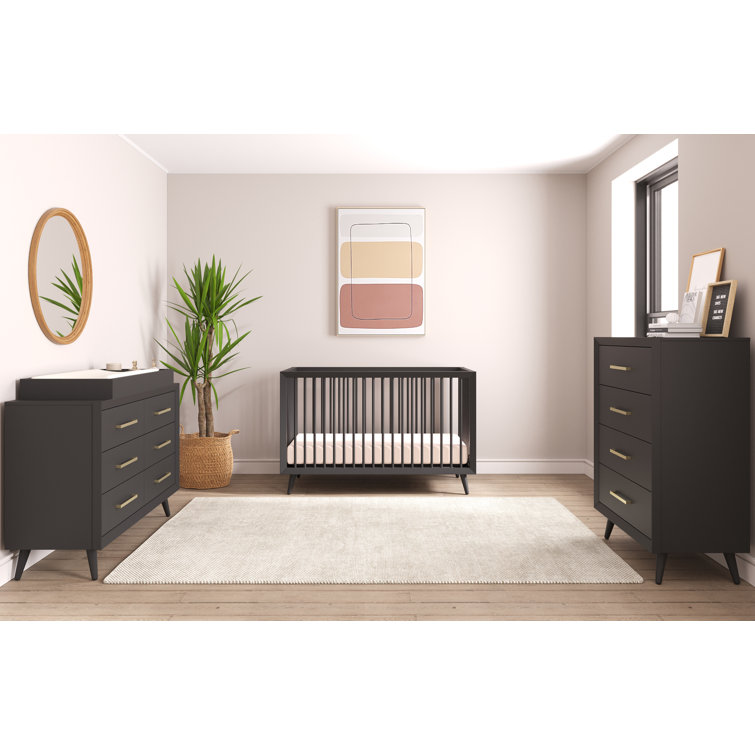 Ebony Mid-Century Modern Double Dresser with Turned Legs