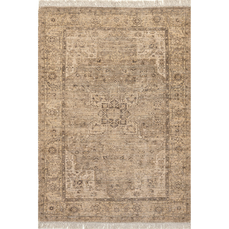 Olive and Beige Synthetic Medallion Tassel Area Rug, 4' x 6'