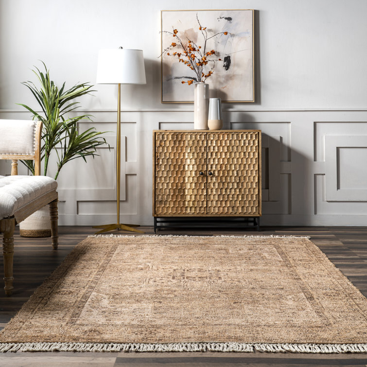Olive and Beige Synthetic Medallion Tassel Area Rug, 4' x 6'