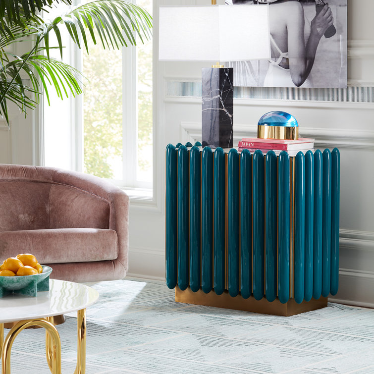 Teal and Brass Geometric Pattern Accent Cabinet with Adjustable Shelving